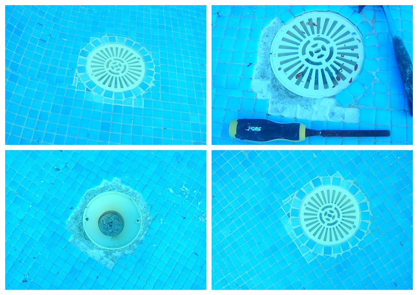 Four stages of an underwater swimming pool drain repair, from damaged tiles to the completed finish