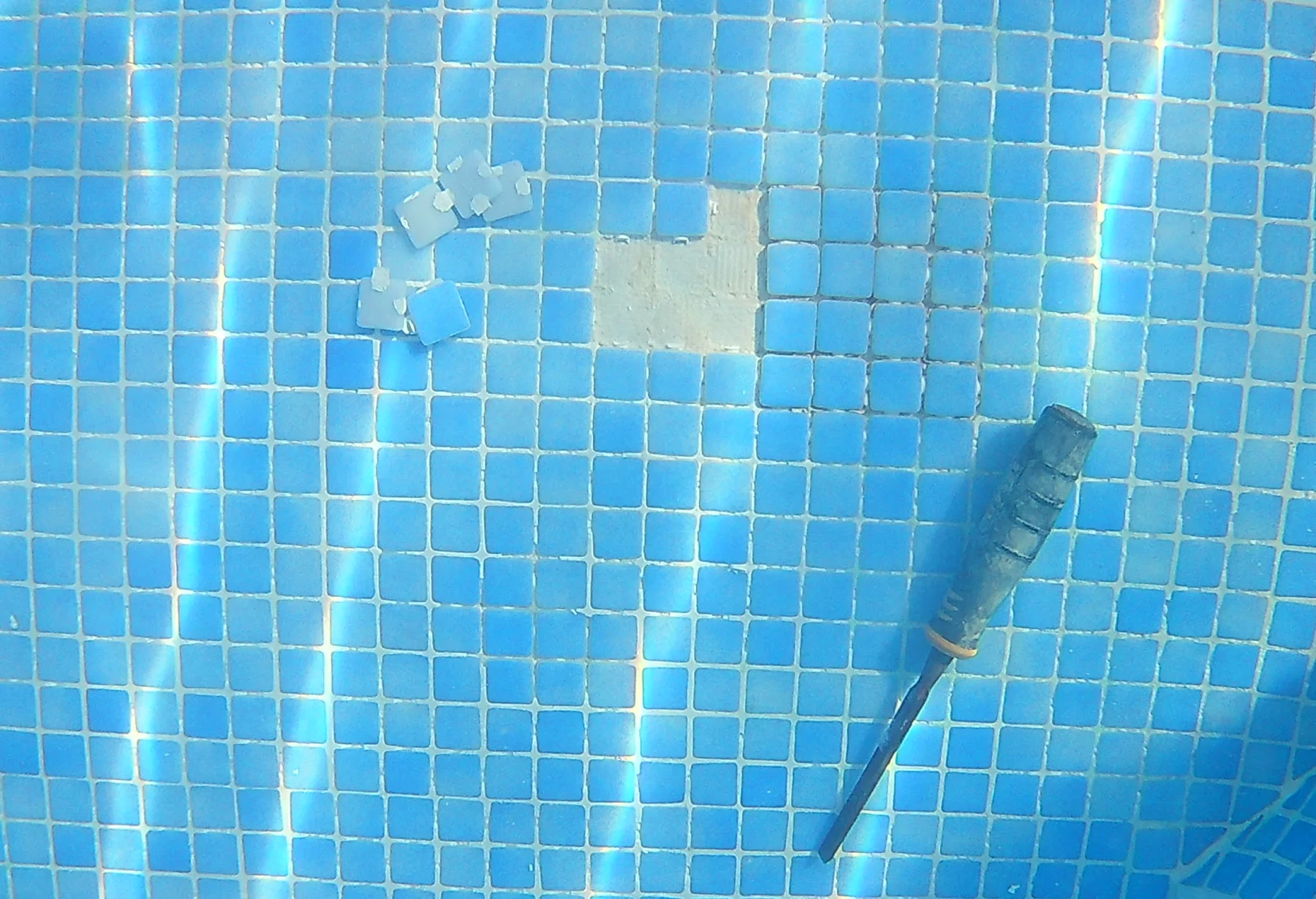 Missing blue mosaic tiles being prepared for underwater replacement